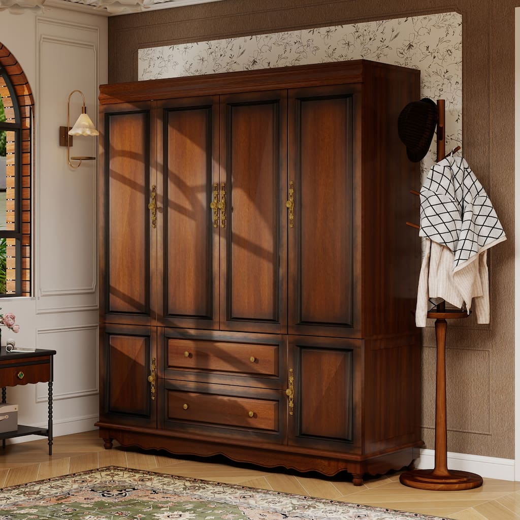 100% Solid Wood Armoire Wardrobe Closet with 4 Door, 70.87"H Bedroom Armoire with Drawer and Hanging Rod
