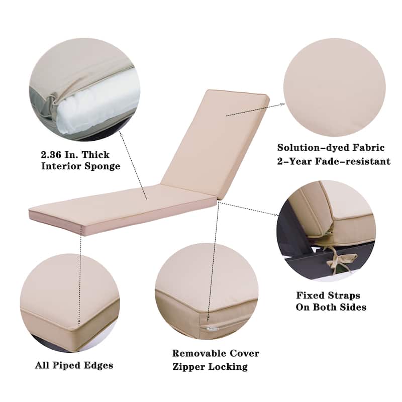 GDFStudio Bula Outdoor Chaise Lounge Cushion with Removable Cover (Set of 2)-ONLY CUSHION - 74.41" x 22.05"