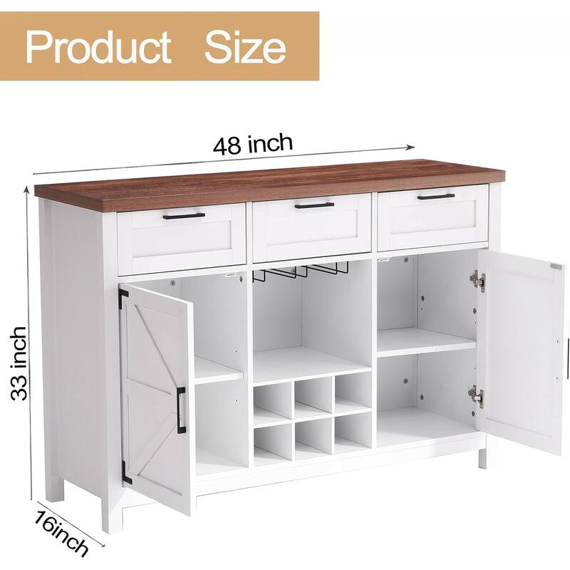 48'' Sideboard Coffee Wine Bar Cabinet with 3 Drawers, 2 Barn Door