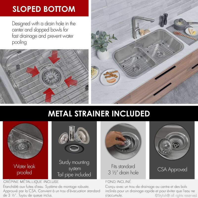 STYLISH 32.25 inch Low Divider Double Bowl Undermount and Drop-in Kitchen Sink - 32.25" x 18.9" x 9"