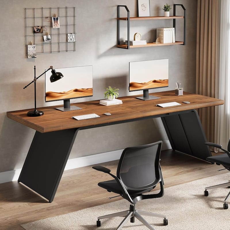 79” Double Desk for Two People, Extra Long Computer Desk with Walnut Wood Top & Black Metal Base - Walnut Brown & Black