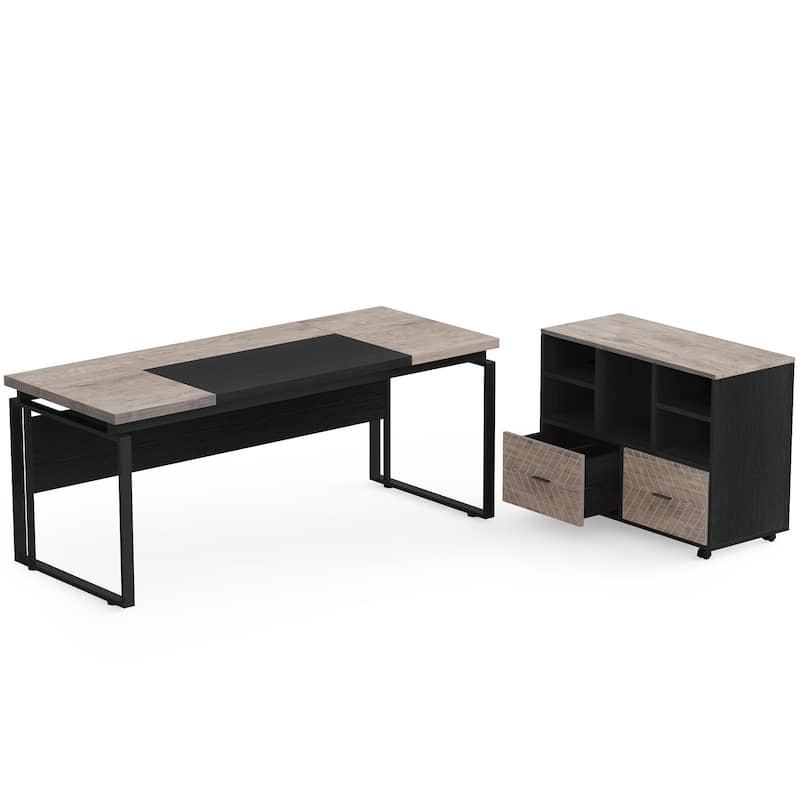 63" L-Shaped Corner Executive Computer Desk and Rolling File Cabinet Set for Home Office