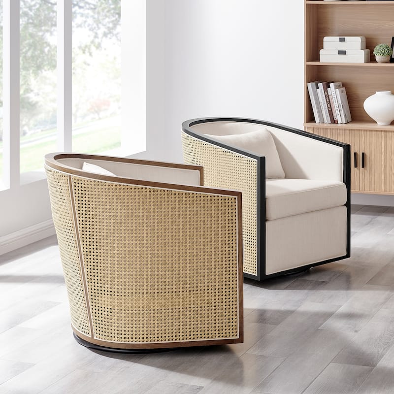 NPD Furniture Marilyn Linen Swivel Accent Arm Chair with Rattan