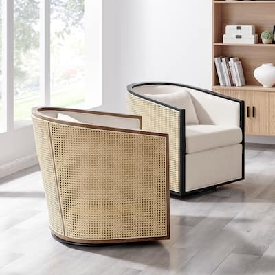 NPD Furniture Marilyn Linen Swivel Accent Arm Chair with Rattan