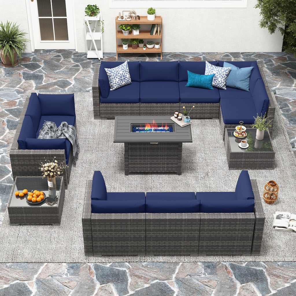 13 Piece Wicker Set Patio Sofa Furniture with Fire Pit And Table