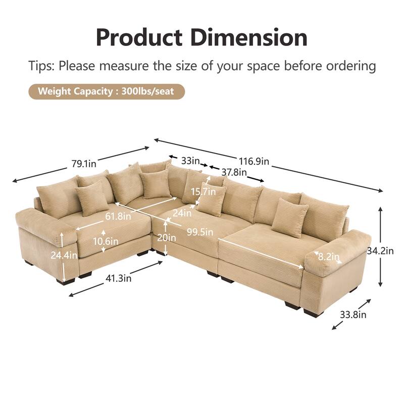 GDFStudio - Corduroy L-Shaped 4-Seater 116.9" Cloud Modular Sectional Couch