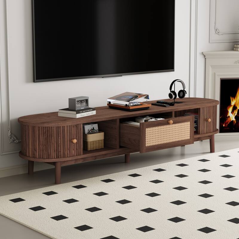 Sliding Door TV Cabinet Dark Brown TV Stand with Woven Rattan Drawer, Mid Century Modern Entertainment Center for 75" TVs