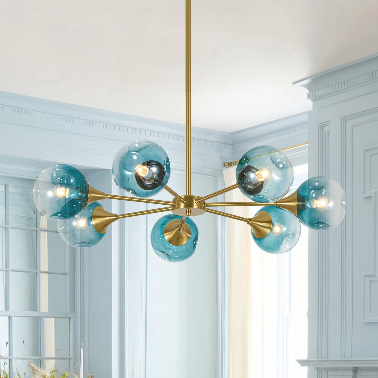 Art Deco Gradual Blue Glass Globe Brass Round Sputnik Chandelier - 33.5 Inches