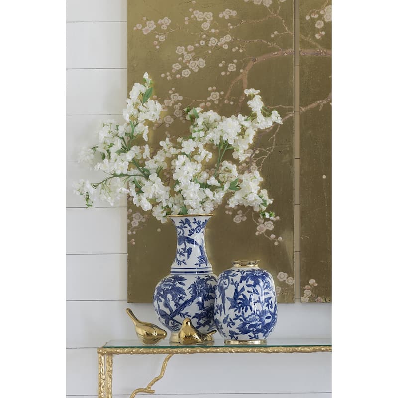 Large Chinoiserie Floral and Bird Porcelain Vase 16" White and Blue