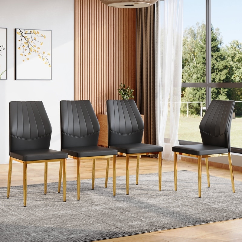Set of 4 Modern Dining Chairs, 37" High - Ergonomic PU Backrest, Gold Metal Legs