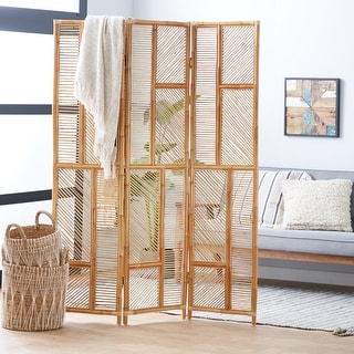 Brown Wood Hinged Foldable Partition 3 Panel Geometric Partition Room Divider Screen - 52 x 1 x 71