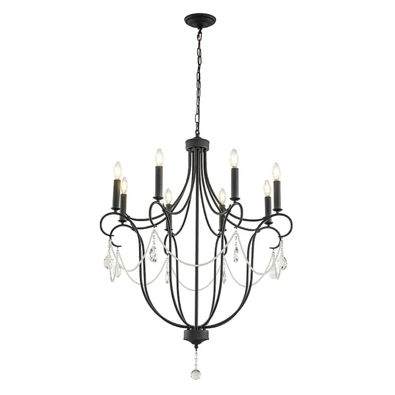 32'' 8-Light Modern Black Mid-Century Modern Candelabra Crystal Chandelier Vintage Candle Pendant Light For Living Room - W32'' - W32'' - Matte Black