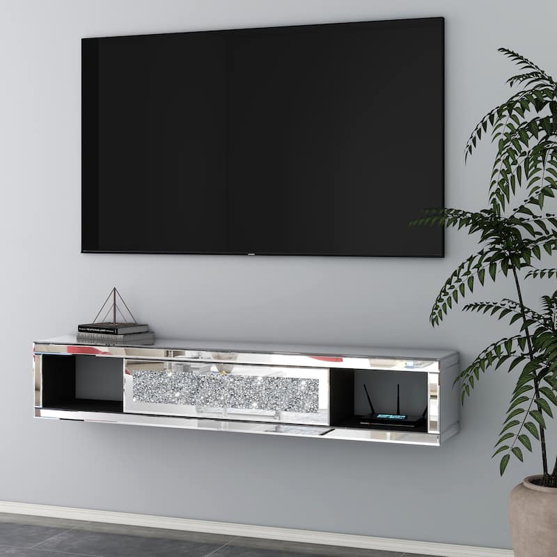 Mirrored Floating TV Shelf Crushed Diamonds Wall Mounted