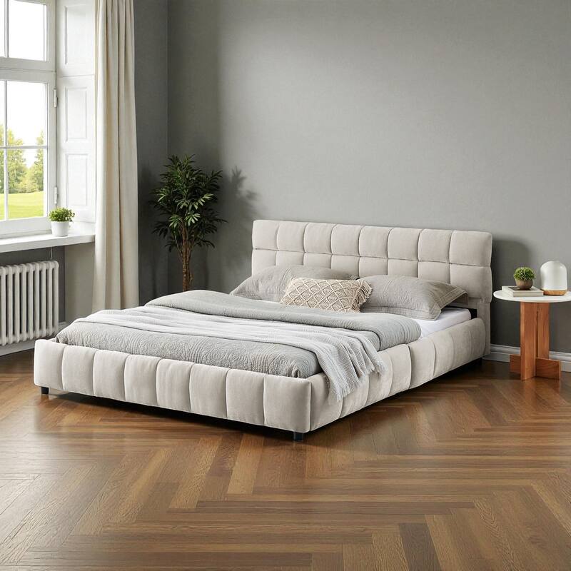 Queen Upholstered Platform Bed with Chenille Fabric, Soft Headboard & Underbed Storage Drawer, Solid Bed Frame