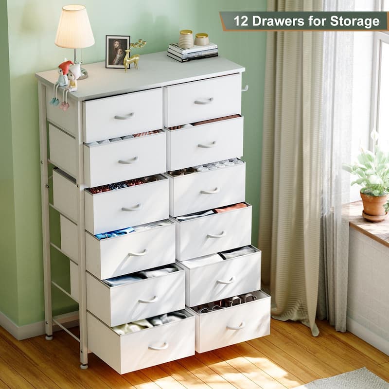 12 Drawer Dresser Tall Fabric Chests of Drawers Closet for Bedroom