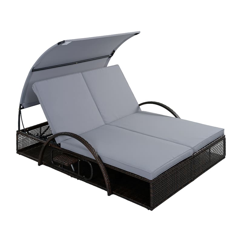 Outdoor Steel Frame Sun Lounger with Adjustable Backrest,Patio Double Sunbed with Hidden Side Table and Arched Armrests