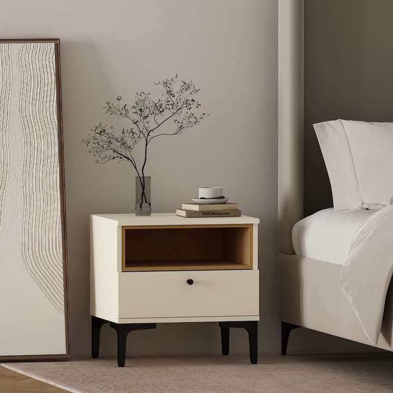 Manhattan Comfort Amara 20" Nightstand (1-Drawer) - Cream and Natural Oak