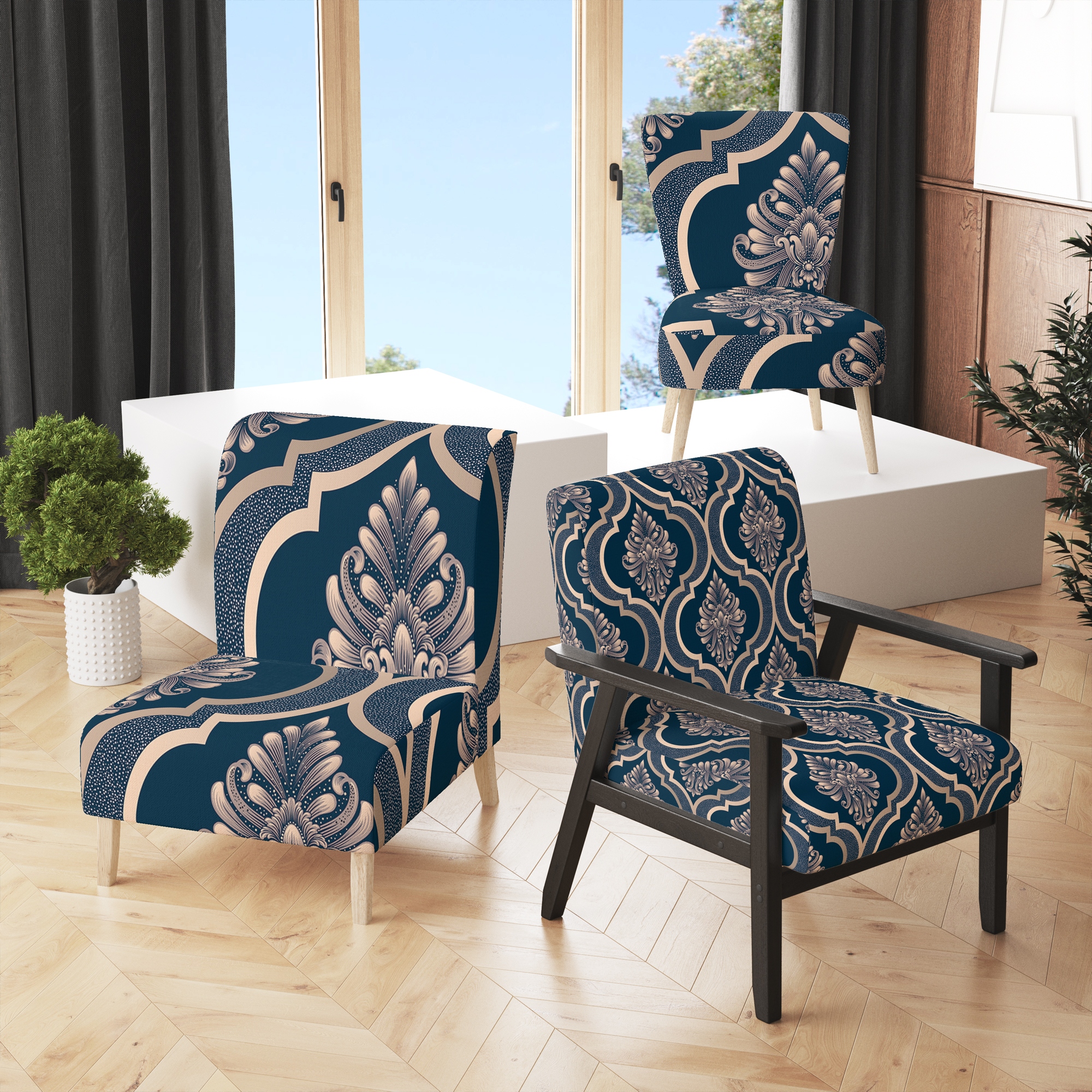 Blue and cream shop accent chairs