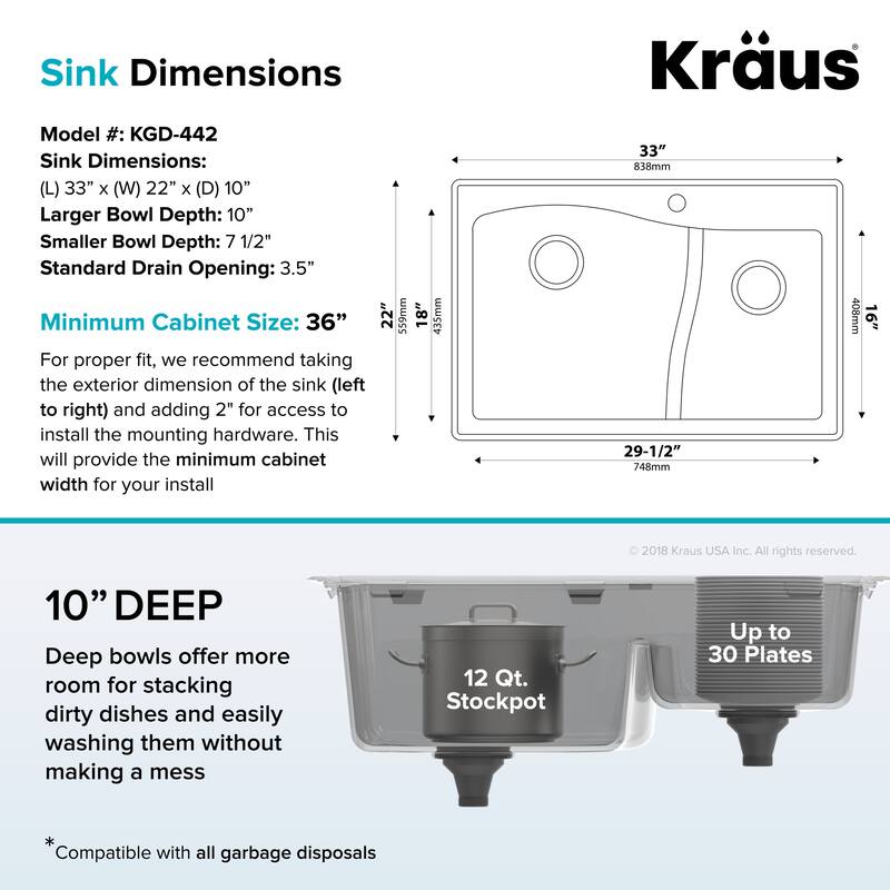 Kraus KGD-442-100-75MB Quarza 33" Undermount Double Basin Granite