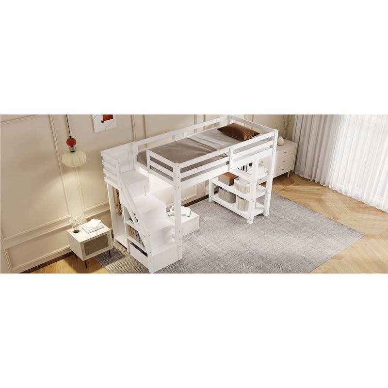 Roomfitters Twin/Full Size Loft Bed with Wardrobe, Storage Staircase and LED Light, White