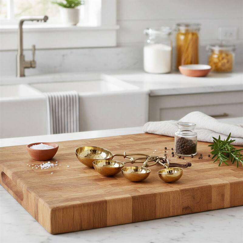 Hammered Stainless Steel Scoops with Leather Tie (Set of 4 Sizes) - Brass