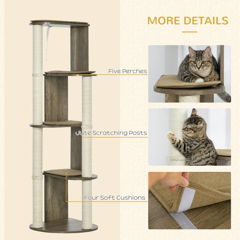 65" Corner Modern Cat Tree Tall for Climbing, Large Multilevel Cat Tower with Scratching Posts - Cream White