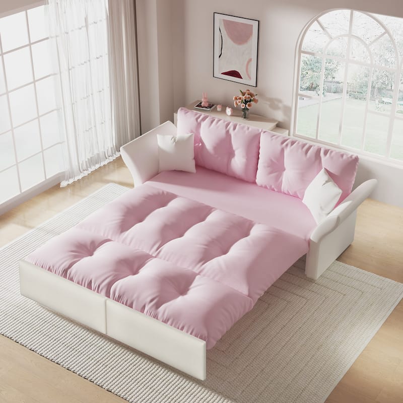 74.8" Queen Sleeper Sofa - 3-in-1 Tufted Velvet Loveseat with Pull-Out Bed & 2 Pillows, Multi-Functional - Pink