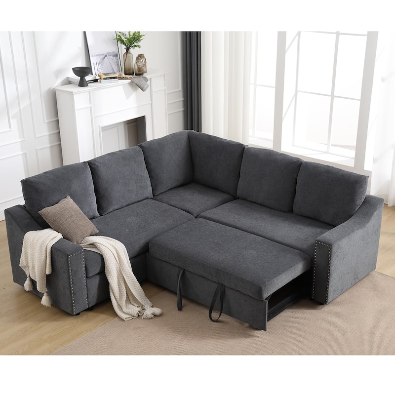81.5'' L-Shaped 5-Seat Sectional Sofa with Pull-Out Bed and 6 Cushions, Ideal Multifunctional Corner Couch