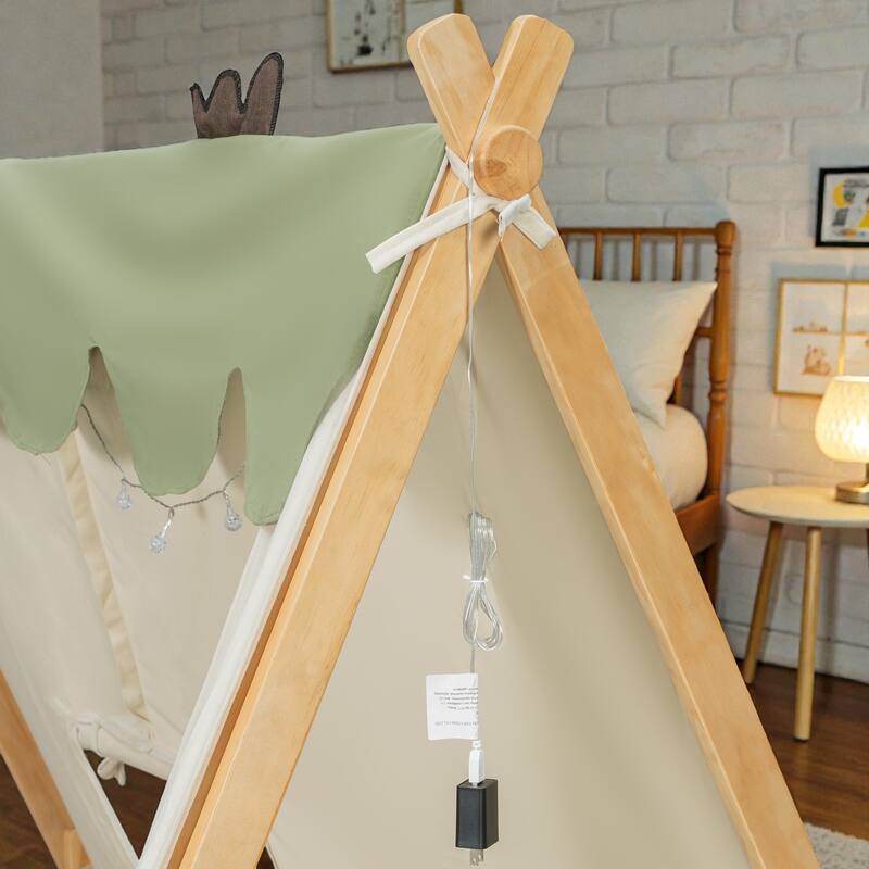 Twin/Full House Bed with Detachable Tent and Skylight, Kids Cabin Bed with Canopy, Light, and Forest-Themed Accents