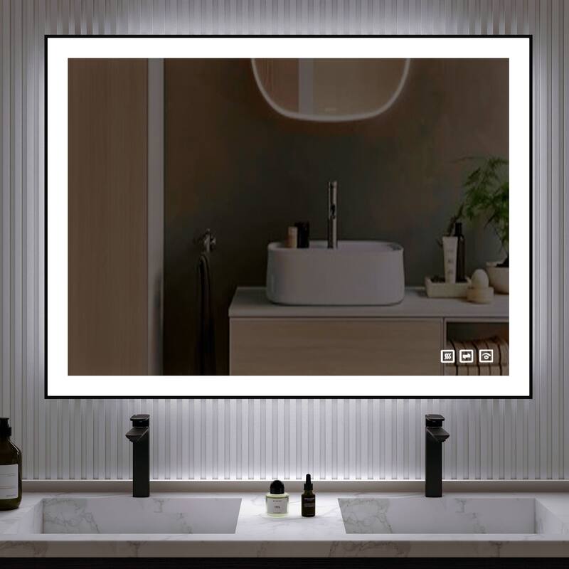 Organnice Rectangular Framed LED Anti-Fog Bathroom Wall Mirror in Black with Backlit and Front Light - 48"*36"