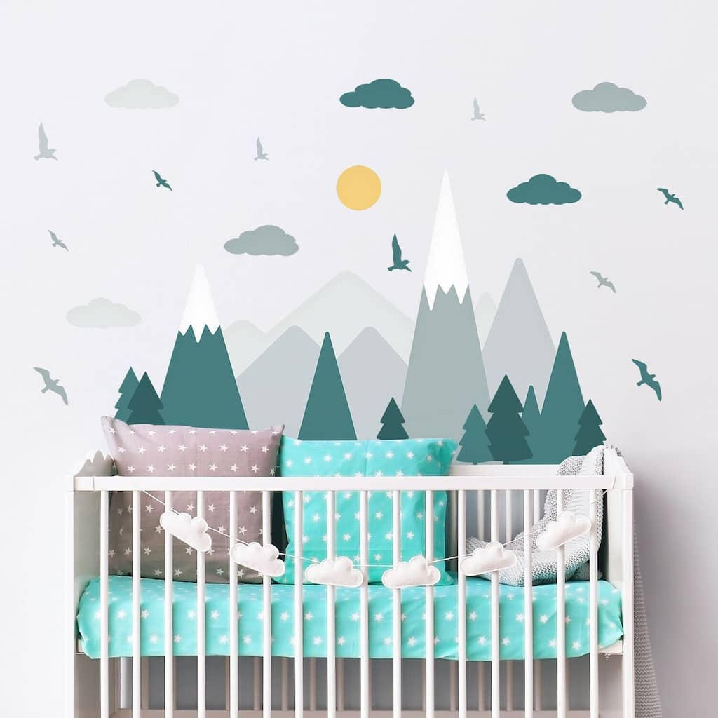 Walplus Green Grey Mountains Landscape Clouds Birds Children Wall Stickers