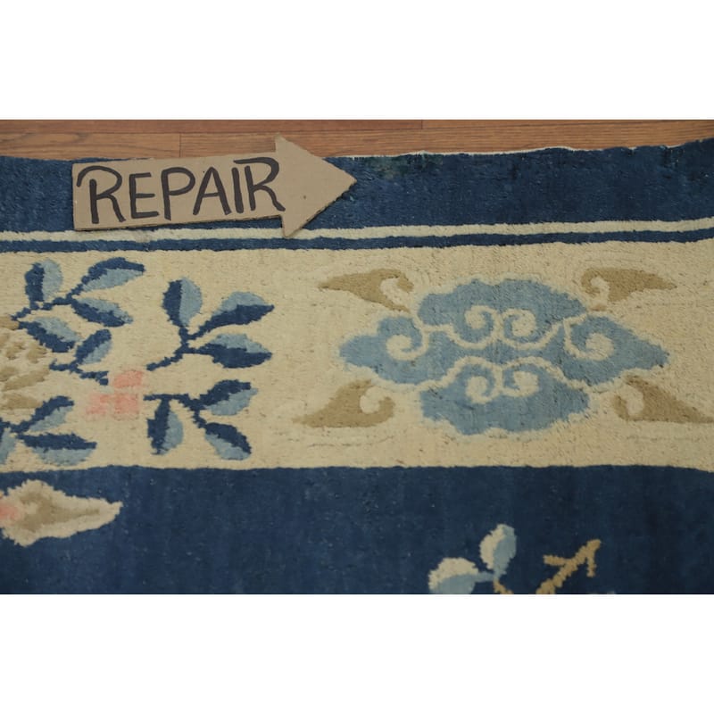 Hand Knotted Oriental 100% Wool Carpet Traditional Floral Navy Blue & Blues Art Deco Area Rug - 8' 9'' X 5' 10''