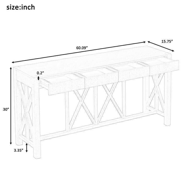 Acacia Veneer Console Table Entryway Table with 4 Drawers and X-Leg, Farmhouse Sofa Table with Open Bottom Storage