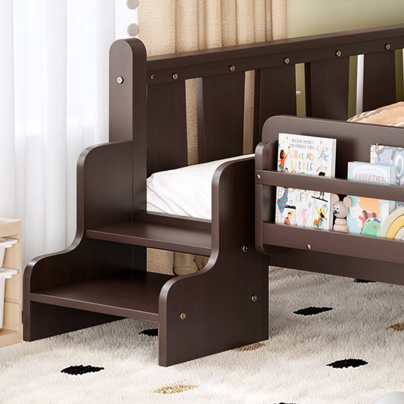 Full/Twin Floor Bed with Storage Bookcases & Cute Stairs - Solid Wood Kids Bed, No Box Spring