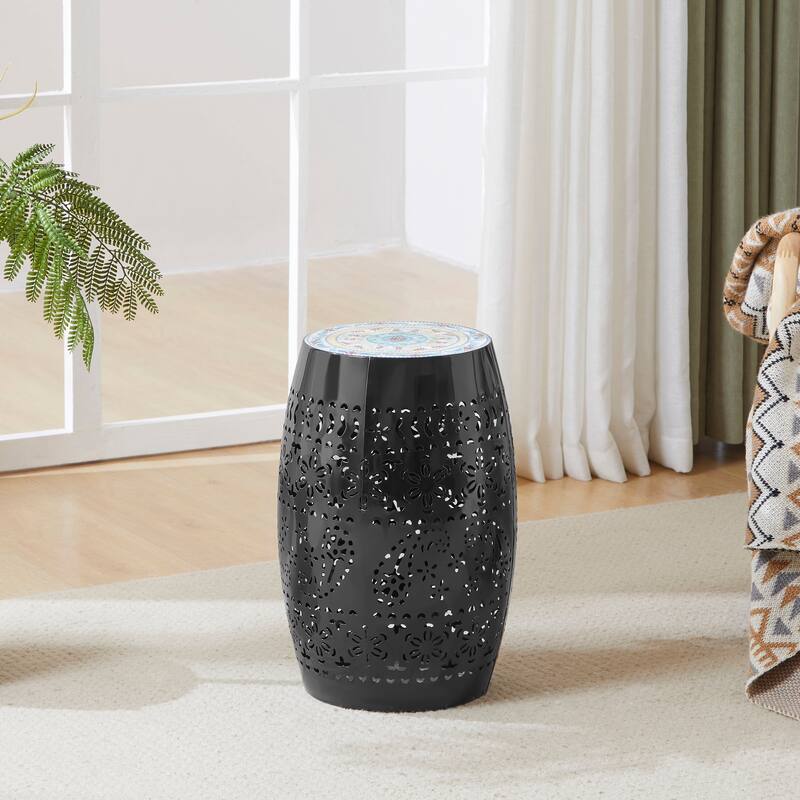 18.25" Modern Round Side Table with Boho Pattern Ceramic Tile Top and Unique Color Iron Frame