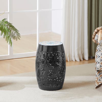 Ruby Mosaic Side Table 12 Inch Black Ceramic Tile Top Iron Frame Boho Patio Table