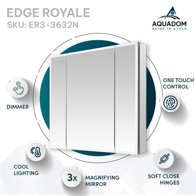 AQUADOM Edge Royale 36W Bathroom Led Lighted Medicine Cabinet Defogger, 3X LED Adjustable Magnifying Mirror, Electrical Outlets