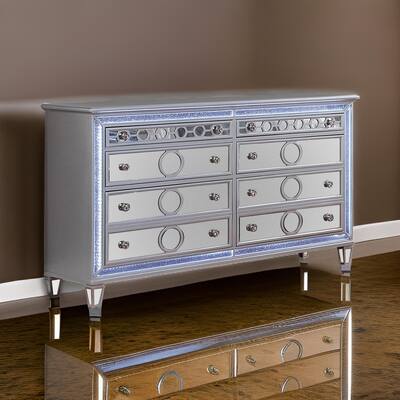 Amara 64 Inch Wide Dresser, LED Lights, Mirror Panels, Round Knobs, Silver