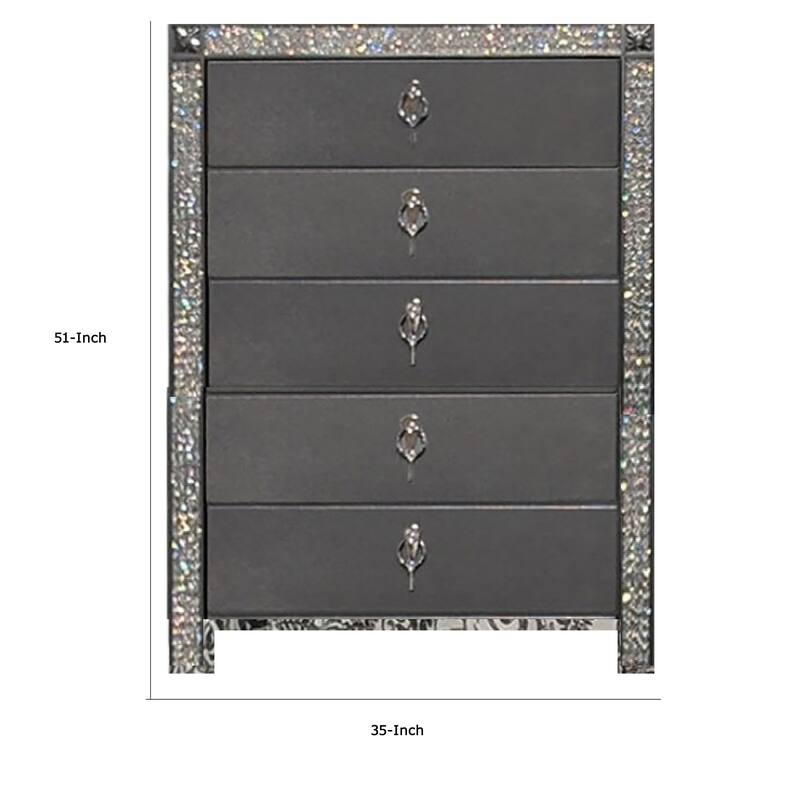Laine Tall Dresser Chest, 5 Drawers, Crystal Trim, Gray Solid Wood