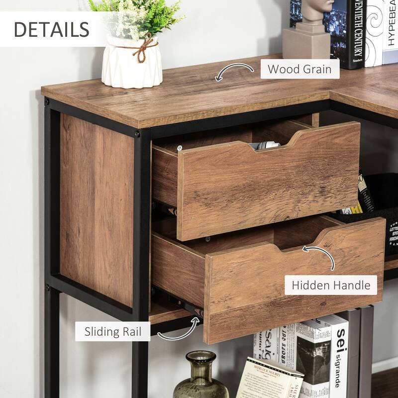 Industrial L Shaped Corner Office Desk with 2 Storage Drawers and Shelves for Compact Home Office or Studio