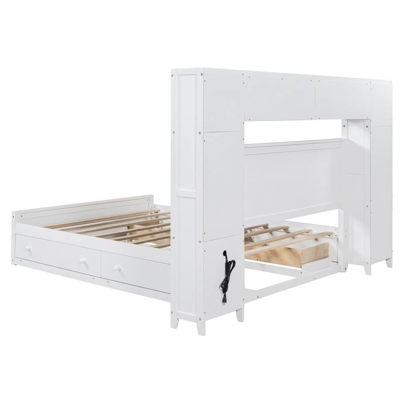 Queen Platform Bed Wood Slat Support Bed Frame with 4 Storage Drawers & Headboard All-in-One Cabinet, Shelf and Sockets, White