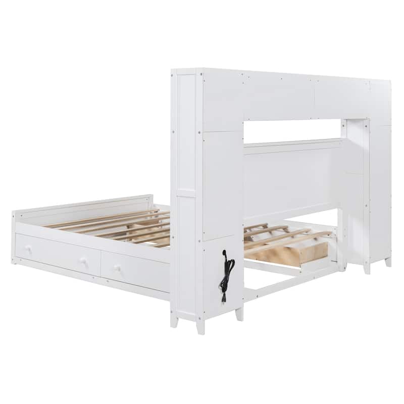 Queen Size Wooden Bed with Built-in Outlets, Storage Drawers, and Shelves, White