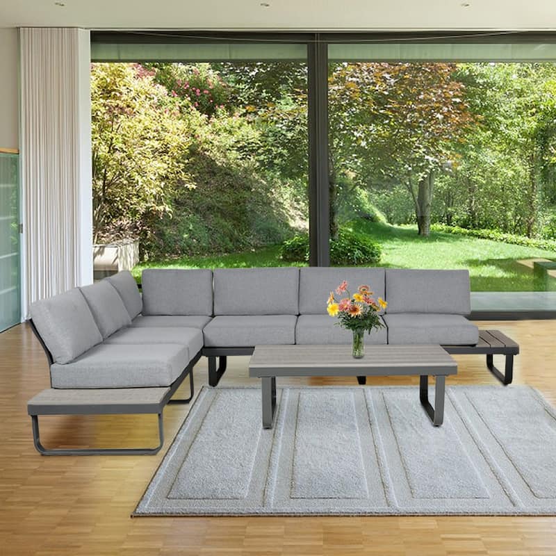 Outdoor L-Shape Metal Sectional Sofa Set With Gray Cushion For Lawn Garden Porch By Tappio