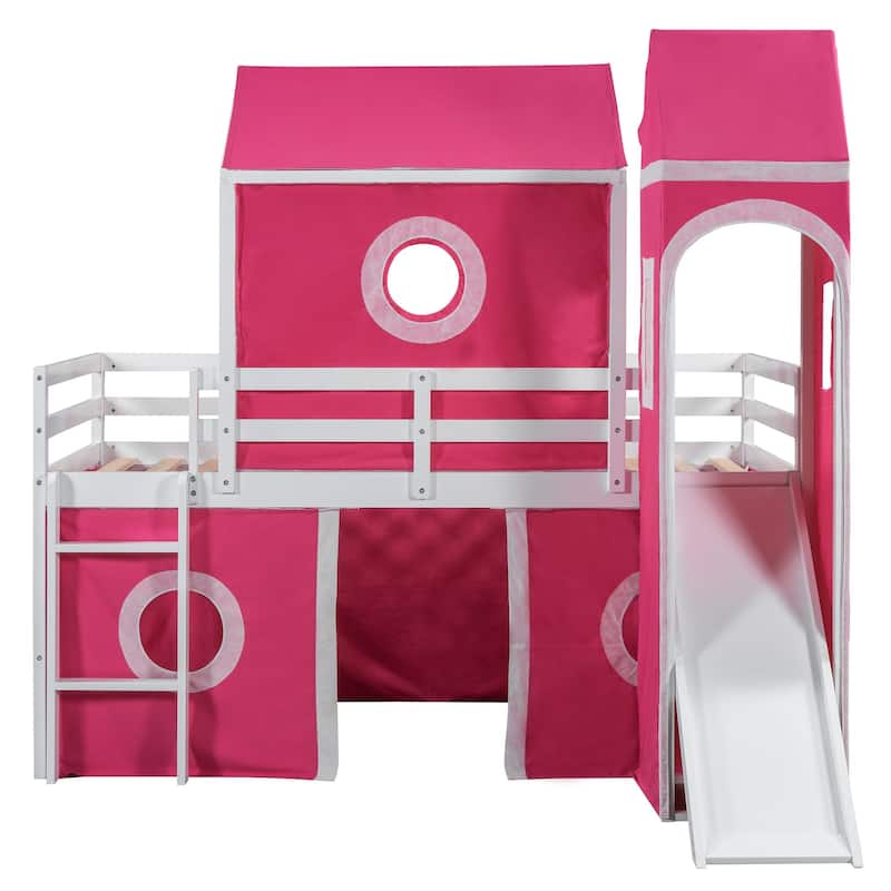 Full/Twin Size Loft Bed with Slide, Pink Tent, Tower, Playhouse Design - Sturdy Solid Wood Construction, Storage Space
