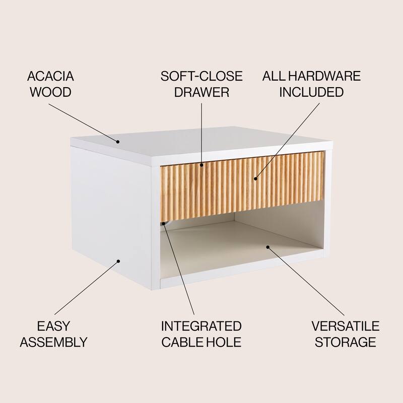 Ettore 15.71" Classic Contemporary Floating Wall Mounted Nightstand with Soft-Close Tambour Drawer and Cable Hole, by JONATHAN Y