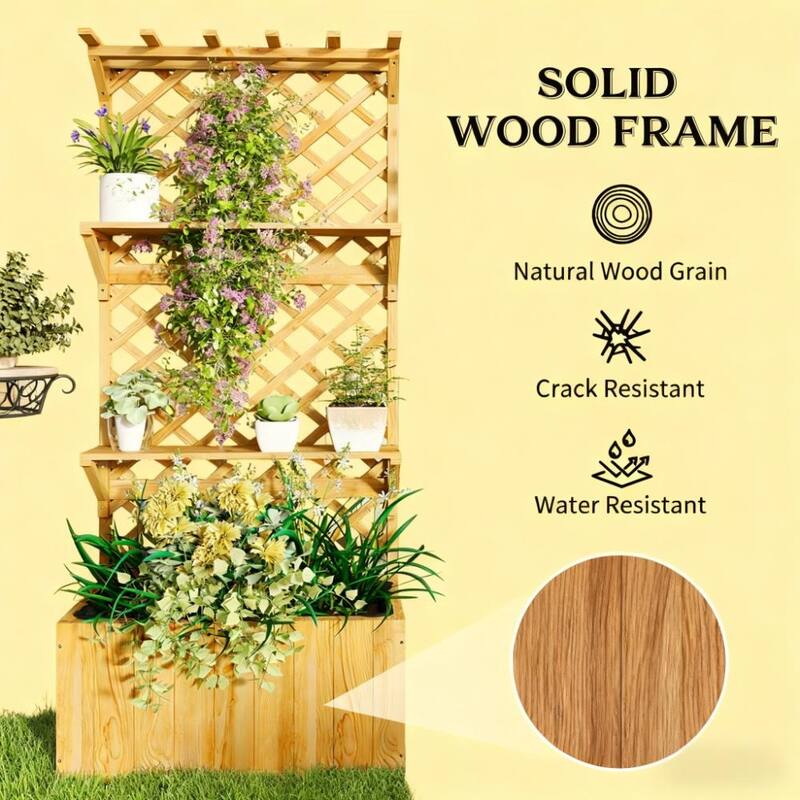 Wooden Multi-Functional Planter Box with Trellis Roof and Shelves