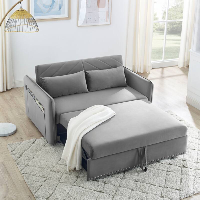 Anmytek 3-in-1 Soft Velvet Convertible Sleeper Sofa Bed With USB Port 2 Lumbar Pillows & Side Pocket - Grey