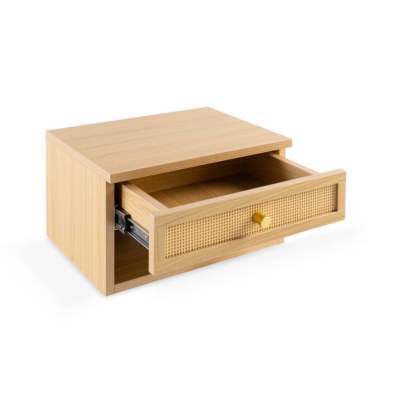 Elise 15.71" Mid-Century Modern Floating Wall Mounted Nightstand with Soft-Close Rattan Drawer and Cable Hole, by JONATHAN Y