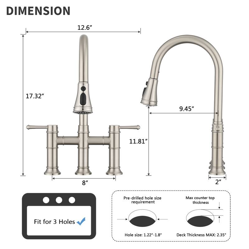 PROOX Traditional Kitchen Bridge Faucet Pulldown Sprayer