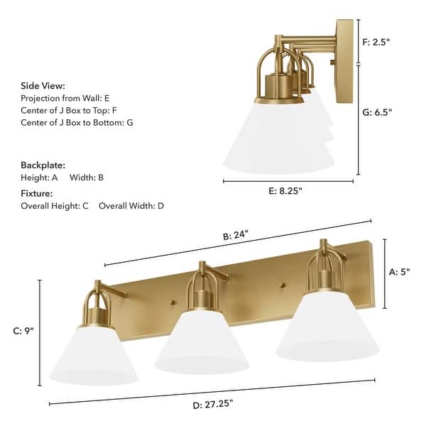 dimension image slide 0 of 2, Hunter Carrington Isle Luxe Gold 3-Light Bathroom Vanity w/ Cased White Glass - Casual, Transitional - Designer